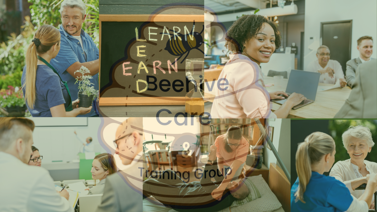 Exploring Apprenticeships Collage of diverse people engaging in learning and caregiving activities.